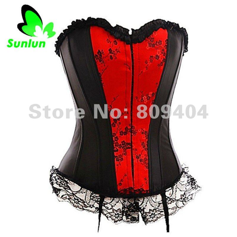 Free Shipping Sunlun Ladies' Sexy Red  Black Lace Corset G-String Corset And Bustier