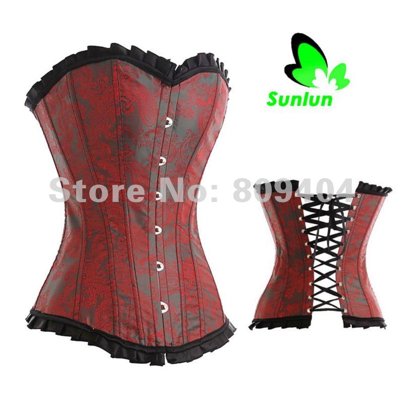 Free Shipping Sunlun Ladies' Stylish Dark Red Pattern Corset G-String Sexy Bustier