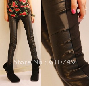 Free Shipping Super explodes all match leather pants New Patchwork Leather pencil pants