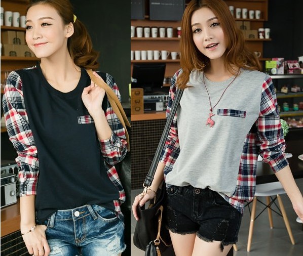 free shipping super quality women ladies' cotton plaid t shirts, long sleeve blouses