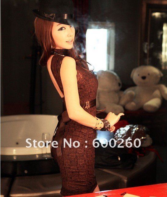 Free shipping Super Sexy Lingerie Style Lace Braces Dress Brown New#5109