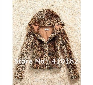 Free shipping Super star style sexy wild leopard hooded short plush thickened jacket Fashion wemen faux fur lady chothing