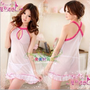 Free shipping Suspender skirt white derlook nightgown transparent set sexy nightgown