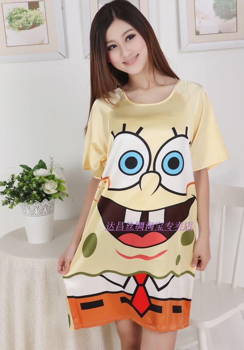 Free Shipping Suzhou silk female faux silk nightgown casual loose lively and lovely cartoon sleepwear lounge pale yellow