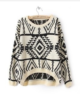 Free Shipping SW-066 Geometry Design Printed Knitted Sweater Women Fashion Warm Loose Pullovers Casual Wear Plus Size 4 colors