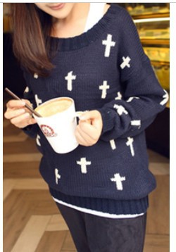 Free Shipping SW-070 vivi Style Knitted Cross Sweater For Women Fashion Vintage Loose Pullovers Casual Wear 2 colors