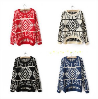 Free Shipping SW-075 Geometry Design Printed Knitted Sweater Women Fashion Warm Loose Pullovers Casual Wear Plus Size 4 colors