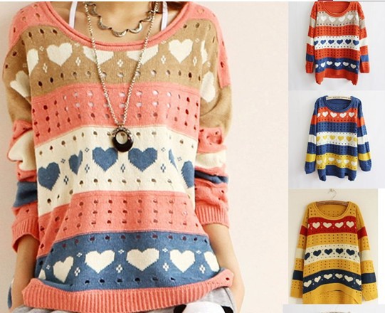 Free Shipping SW-076 Geometry New Autumn Top Batwing Sweaters Jumper Chic Crew Neck Dipped Hem Loose Heart Stripe Hoodies