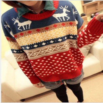 Free Shipping SW-076 Vintage Geometry Design Fawn Printed Knitted Sweater Women Fashion Warm Loose Pullovers Casual Wear