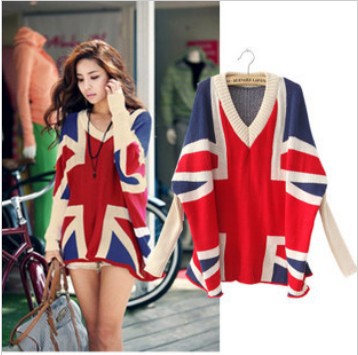 Free Shipping SW-077 VIVI Style Fashion Loose The Union Flag Sweater Batwing-sleeve V-neck Pullovers Knitted Sweaters