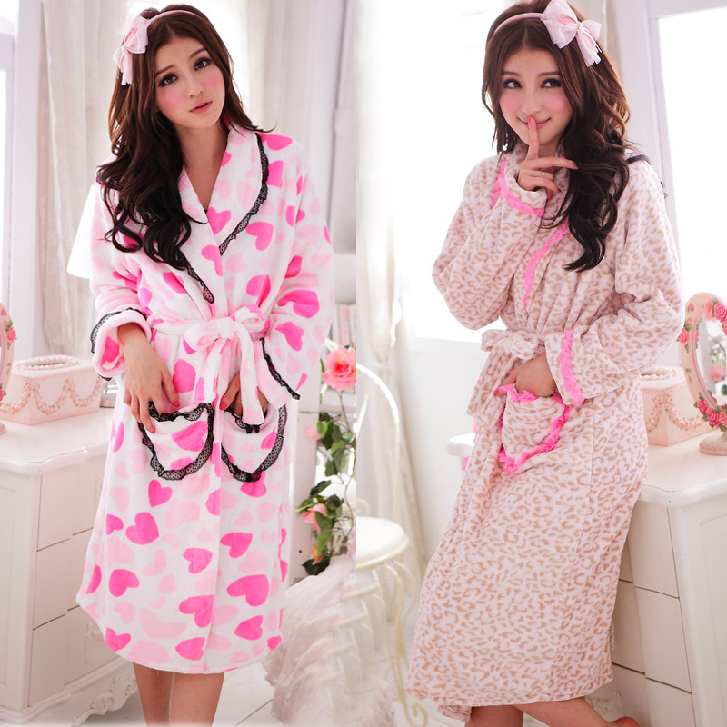 Free Shipping Sweet heart women's coral fleece robe bathrobes lace decoration Wholesale price