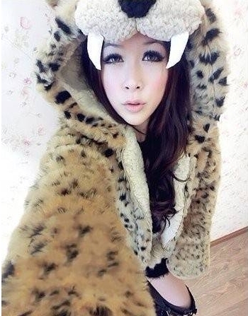 Free shipping  sweet leopard print hooded wool overcoat short jacket  cute ear hoodies