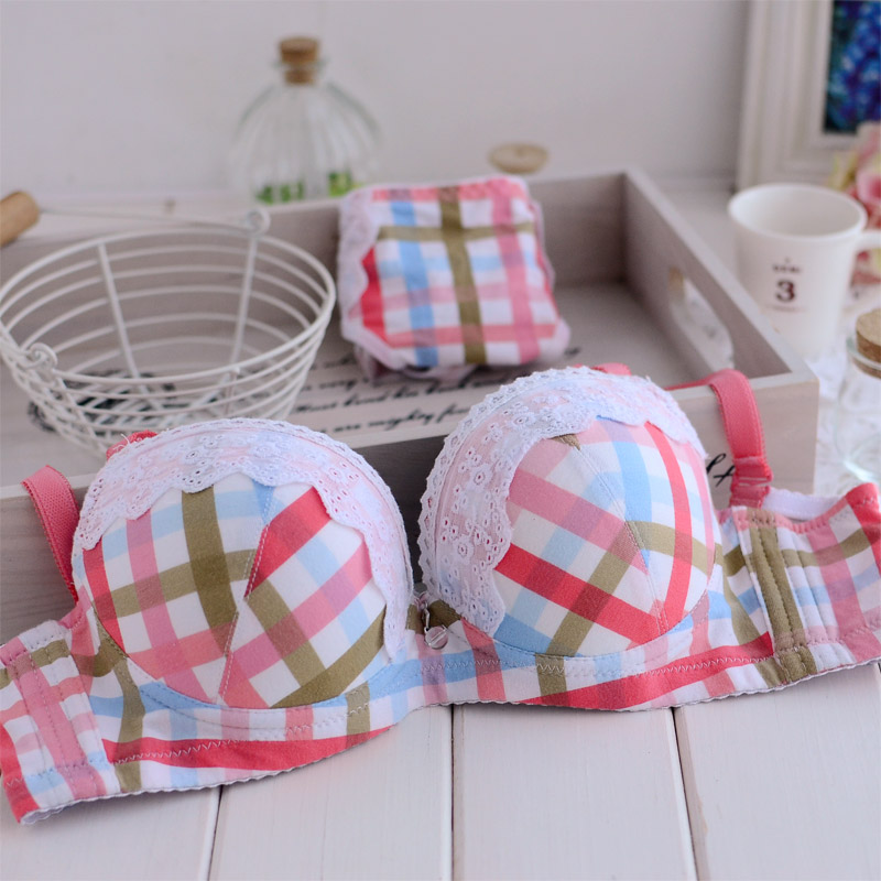 free shipping Sweet preppystyle plaid cotton comfortable 100% bamboo laciness cotton push up underwear bra set