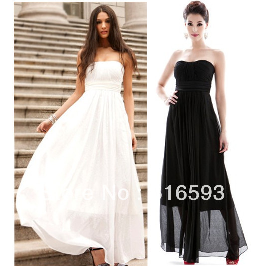 Free Shipping Sweet Princess Solid Color Off Shoulder Knot Padded Cups Chiffon Evening Maxi Dress Black/White