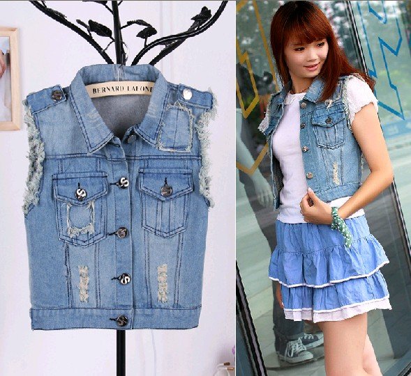 Free Shipping Sweet splice Slim hole women denim vest jacket 220 vest women jeans