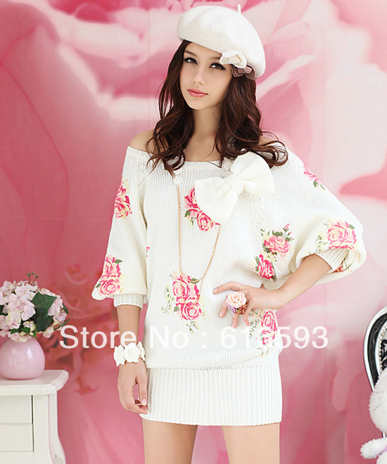 Free Shipping Sweet Women Pink Doll Rose Flower Printing Big Bow Bat-wing Long Sleeve Loose Dress Long Sweater Beige