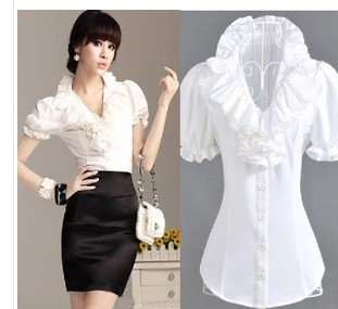 Free shipping Sweet  women shirt 2013,Retro lotus leaf collar Slim short sleeve shirt  size#S/M/L/XL