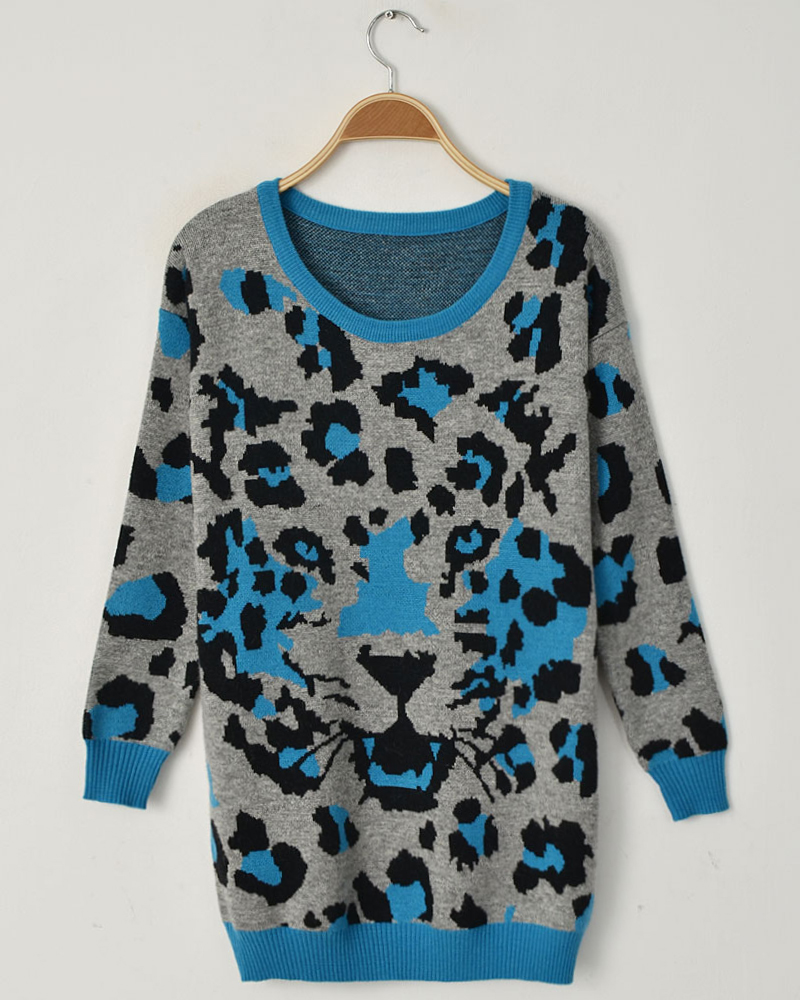 Free Shipping Sweetheart leopard print pattern high quality medium-long blending pullover sweater 4 wholesale