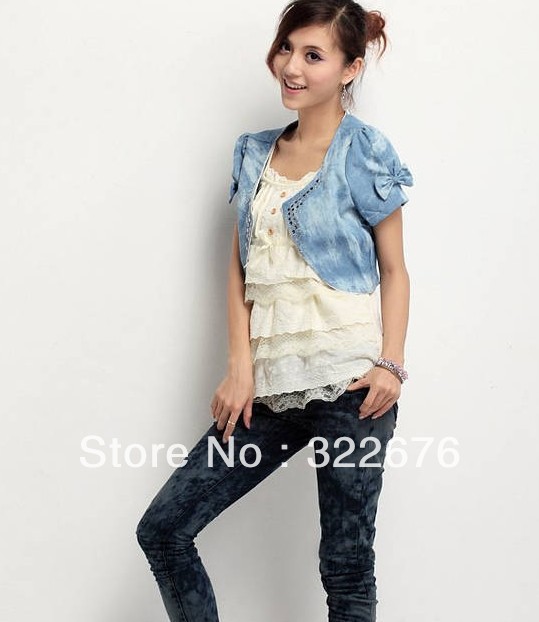 Free Shipping Sweetly Rhinestone Decorated Artificial Denim Cape Pattern Coat Light Blue HD12042539