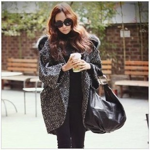 FREE SHIPPING Sz noble luxury wool slanting stripe with a hood fox fur overcoat outerwear belt