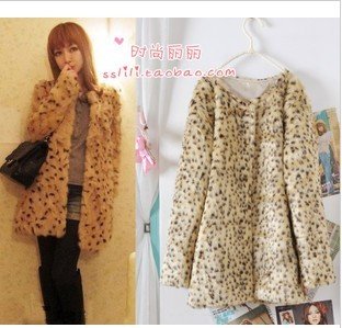 Free Shipping  Temperament leopard grain round collar long sleeve medium style imitation fur overcoat