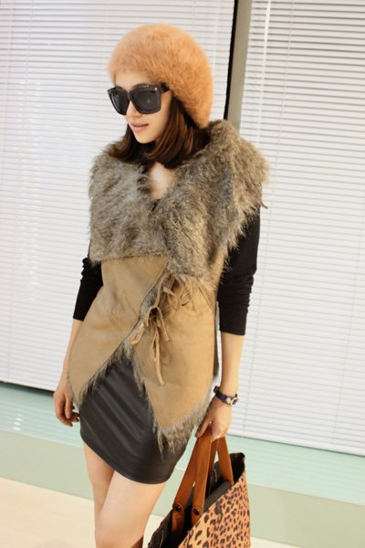 Free shipping The large lapel fur vest straps Slim shorter sleeveless jacket