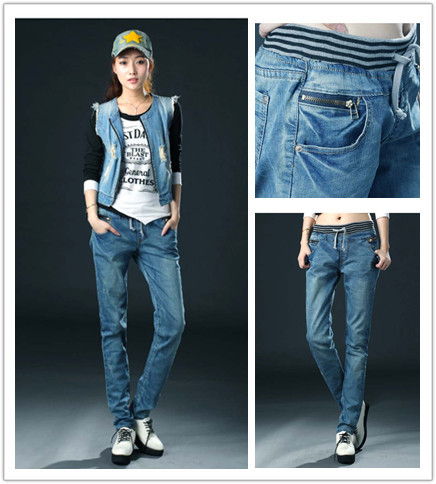 Free shipping The large size of the Korean a loose high waist elastic waist jeans pencil pants