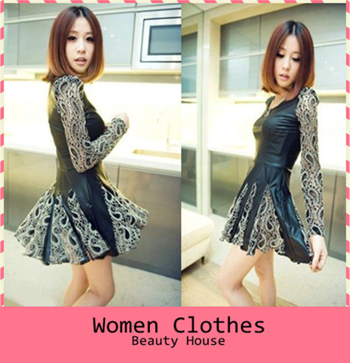 Free shipping The new disk flowers lace long sleeve folds leather dress F0097