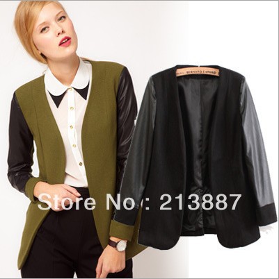 FREE SHIPPING  The new Europe and the United States wind PU leather sleeve splice fur coat