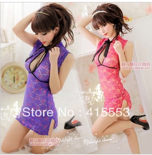 Free shipping the red purple cheongsam sexy lingerie uniform temptation suit