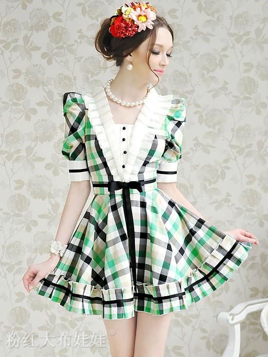 Free Shipping The stylish new bud lace green plaid ladies wind flounced skirt V-neck short-sleeved dress wawa47