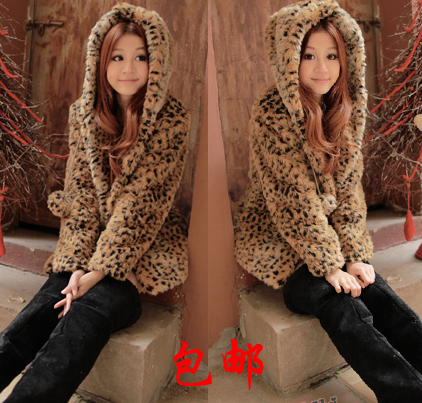 free shipping Thick fur coat with a hood leopard print overcoat leopard print outerwear medium-long women's autumn and winter