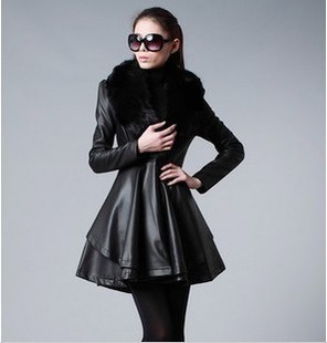 Free shipping thicken plus size fur collar  trench women real rabbit fur slim long design leather jackets overcoat outerwear