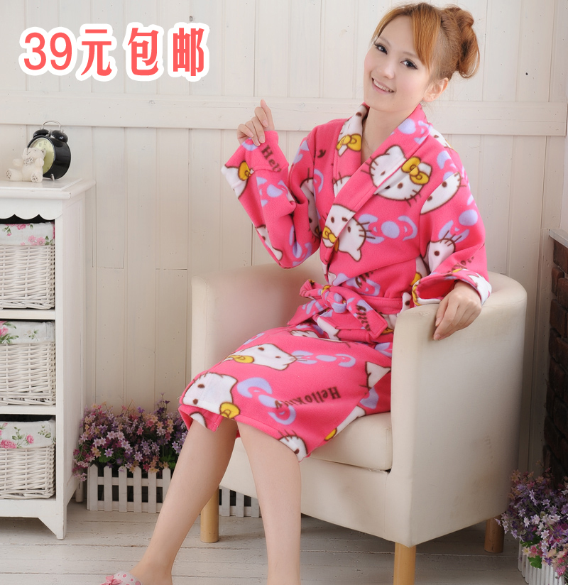 Free Shipping Thickening cartoon sweet women's rose big cat nightgown robe bathrobe long design sleepwear