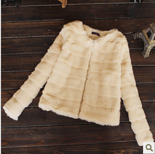 free shipping Thickening ! horizontal stripe long-sleeve o-neck rex rabbit hair wool outerwear short design fur overcoat