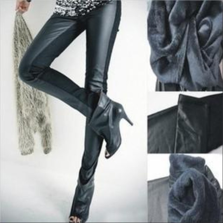 free shipping Thickening mink plush faux leather patchwork sexy legging female ankle length trousers pencil pants skinny pants