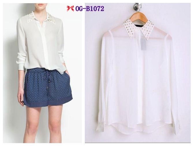 Free shipping, Top brand star style 2012 Popular rivet collar solid Women chiffon Blouses, black  white 2 color  S, M, Lsize