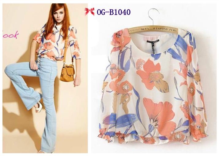 Free shipping, Top brand style 2012 Popular bubble sleeve floral print Women pastoralism chiffon Blouses, 1 color  S, M, L sizes