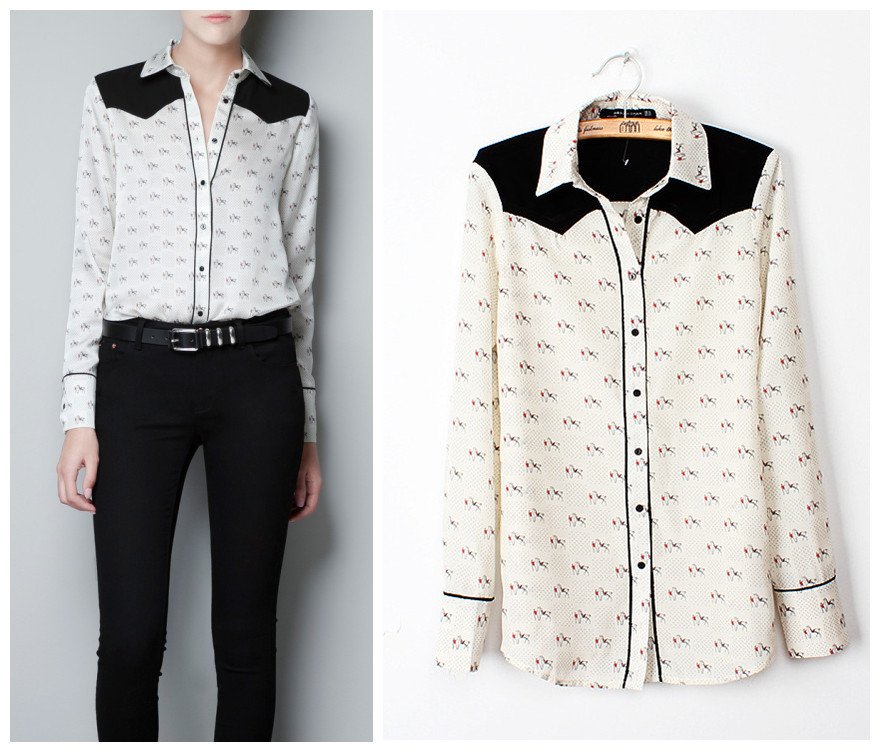 Free shipping, Top brand style 2012 Popular leading a horse print shoulder patchwork Women chiffon Blouses, white color  S,M,L