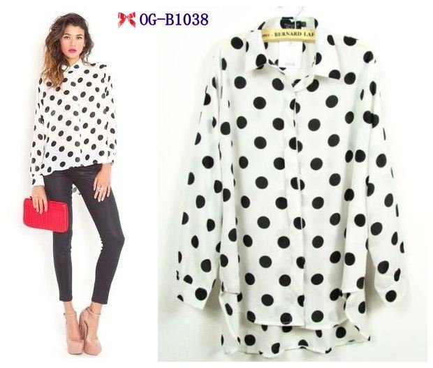 Free shipping, Top brand style 2012 Popular long sleeve Black dot pattern Women loose chiffon Blouses, white color  36, 38 sizes