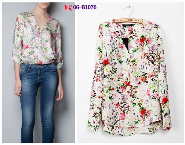 Free shipping Top brand style 2012 Popular long sleeve colorful flowery Women floral chiffon Blouses 1colo  S, M, Lsize