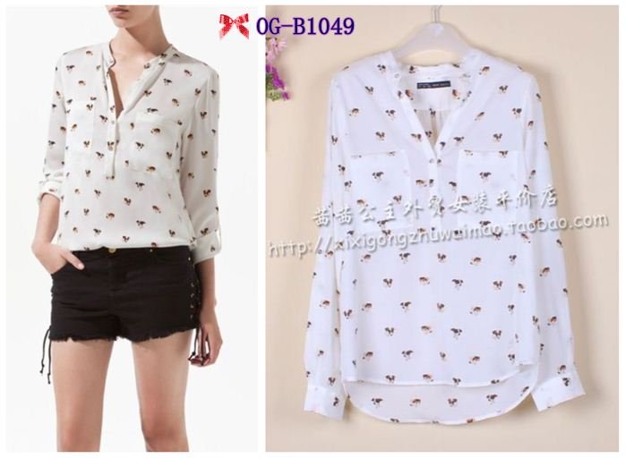 Free shipping Top brand style 2012 Popular long sleeve colorful puppy/dog head print  Women chiffon Blouses, white color S, M, L