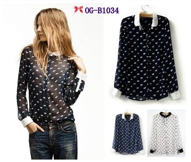 Free shipping, Top brand style 2012 Popular long sleeve colt  print Women chiffon black/whithe Blouses, 3colors  S, M, L size