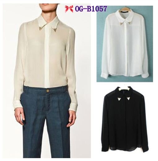 Free shipping Top brand style 2012 Popular long sleeve metal collar solid  Women chiffon white black Blouses, 2 colors S, M, L