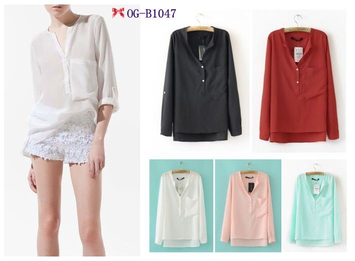 Free shipping, Top brand style 2012 Popular long sleeve one pocket solid  Women chiffon Blouses, black, white, 5 color, S, M, L