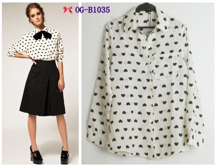 Free shipping, Top brand style 2012 Popular long sleeve peach heart print Women chiffon Blouses, rice white color  S, M, Lsize