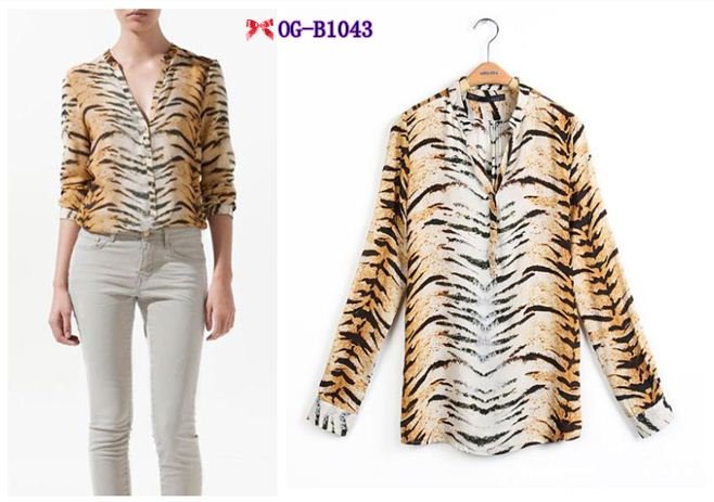 Free shipping, Top brand style 2012 Popular long sleeve tiger print V-neck Women chiffon Blouses, 1 color  S, M, L size