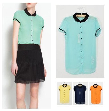 Free shipping, Top brand style 2012 Popular short sleeve candy color Women figured chiffon Blouses, 5 colors ,S,M,L size