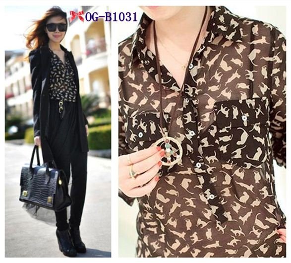 Free shipping, Top brand style 2013 Popular long sleeve kitty pattern Women cat print chiffon Blouses, black color  S, M size