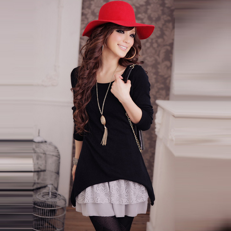 free shipping top quality 2012  women's all-match romantic lace decoration slim twinset long-sleeve dress   plus  size